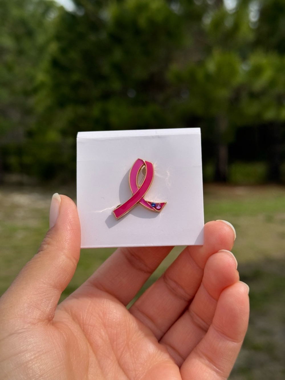 Estee Lauder Pink Ribbon Enamel Brooch with Crystal Accent